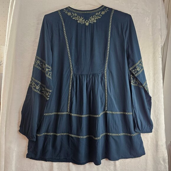 J. Jill Women Blue Tunic Top Floral Embroidery Boho Peasant Tall L Blouse - Picture 2 of 13